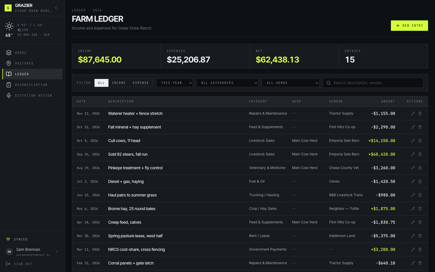 Grazier ledger screen